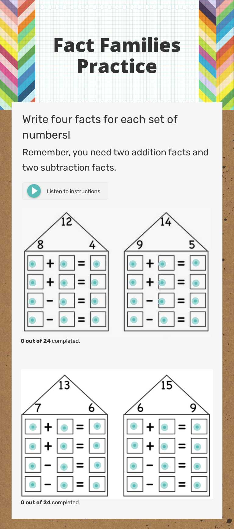 Fact Families Practice worksheet preview image