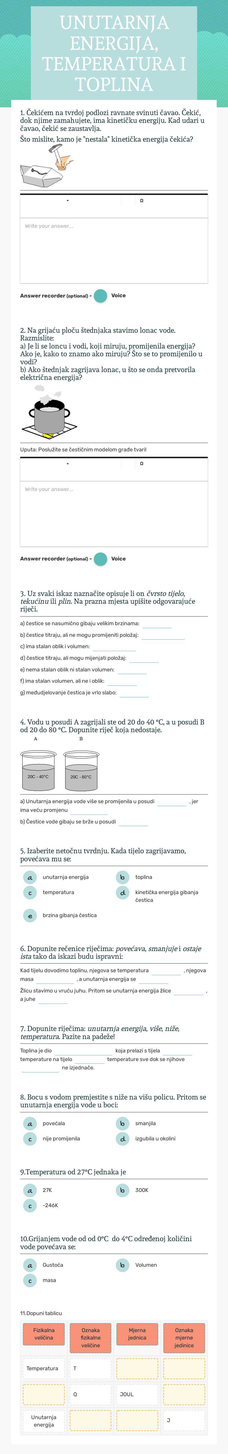 UNUTARNJA ENERGIJA, TEMPERATURA I TOPLINA worksheet preview image