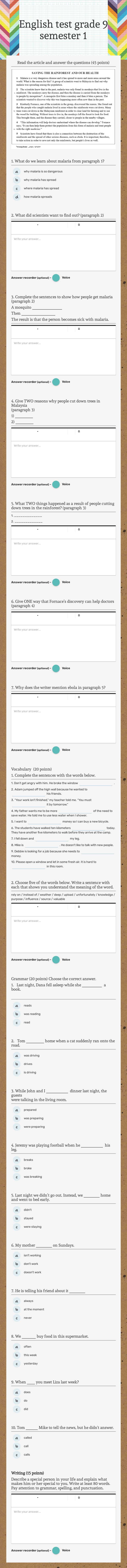 English test grade 9 semester 1 Grade 9 worksheet preview