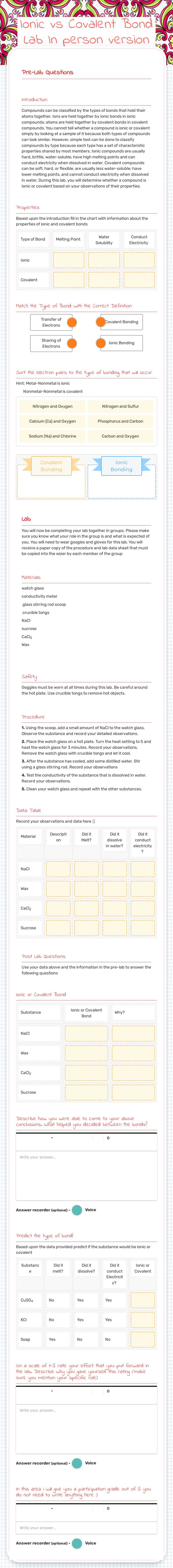 Ionic vs Covalent Bond Lab In person version worksheet preview image