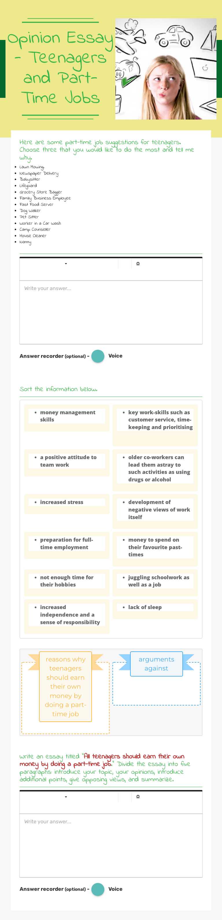 Opinion Essay - Teenagers and Part-Time Jobs Grade 11 worksheet preview