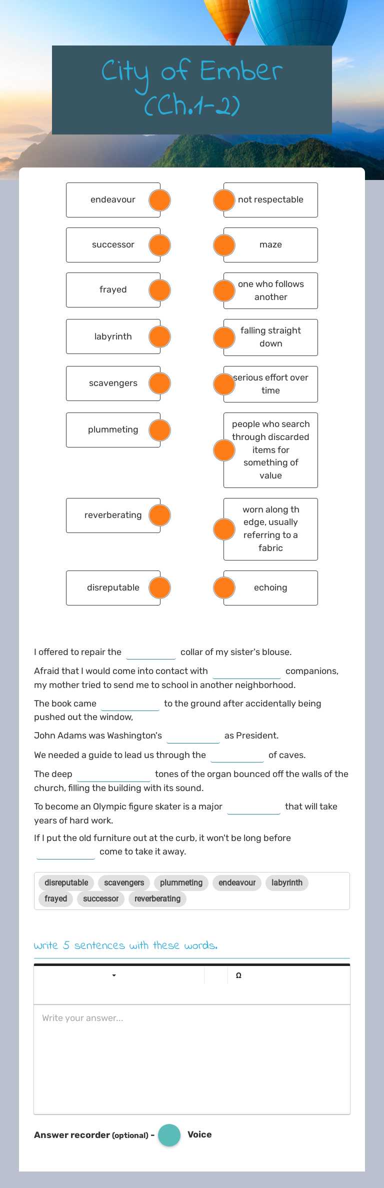 City of Ember (Ch.1-2) Grade 7 worksheet preview