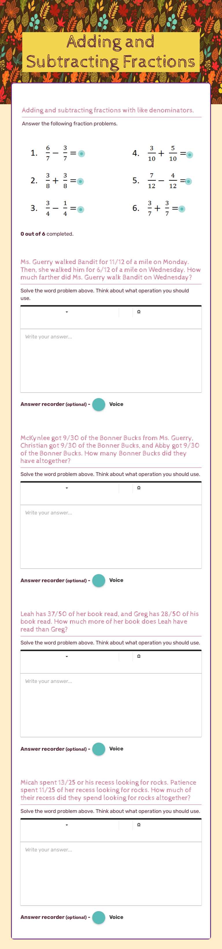 Adding and Subtracting Fractions worksheet preview image