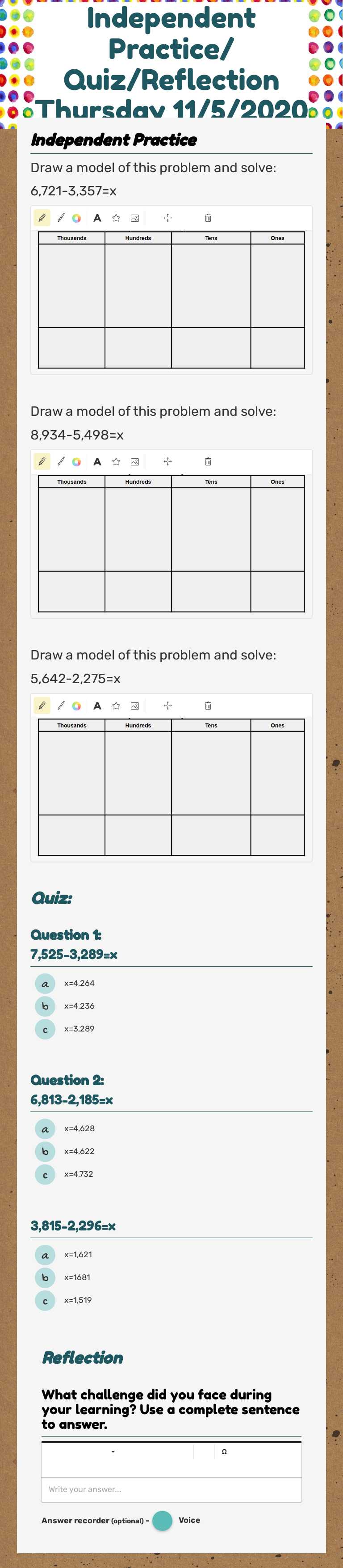 Independent Practice/ Quiz/Reflection Thursday 11/5/2020 worksheet preview image