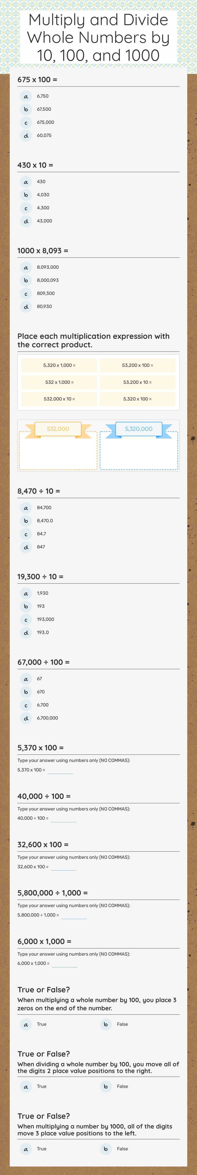 Multiply and Divide Whole Numbers by 10, 100, and 1000 worksheet preview image