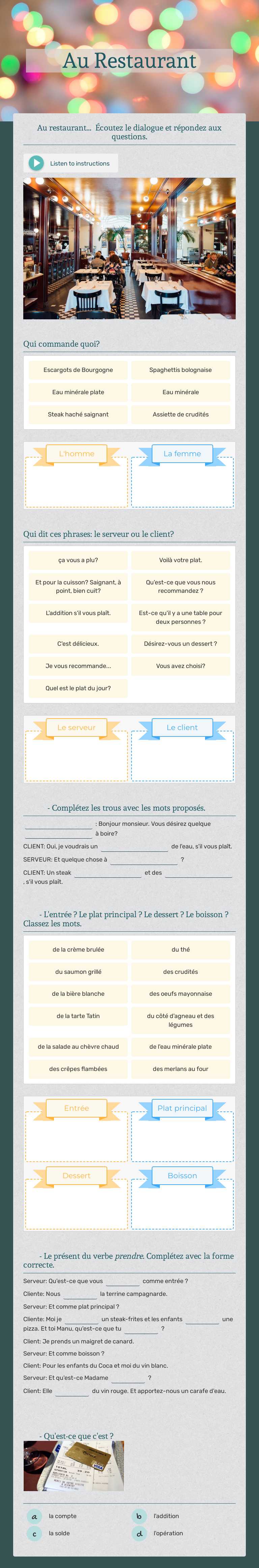 Au Restaurant worksheet preview image