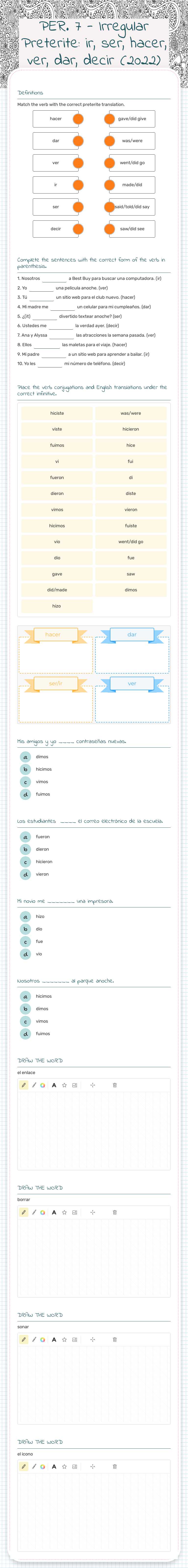 PER. 7 - Irregular Preterite:  ir, ser, hacer, ver, dar, decir (2022) Grade 10 worksheet preview