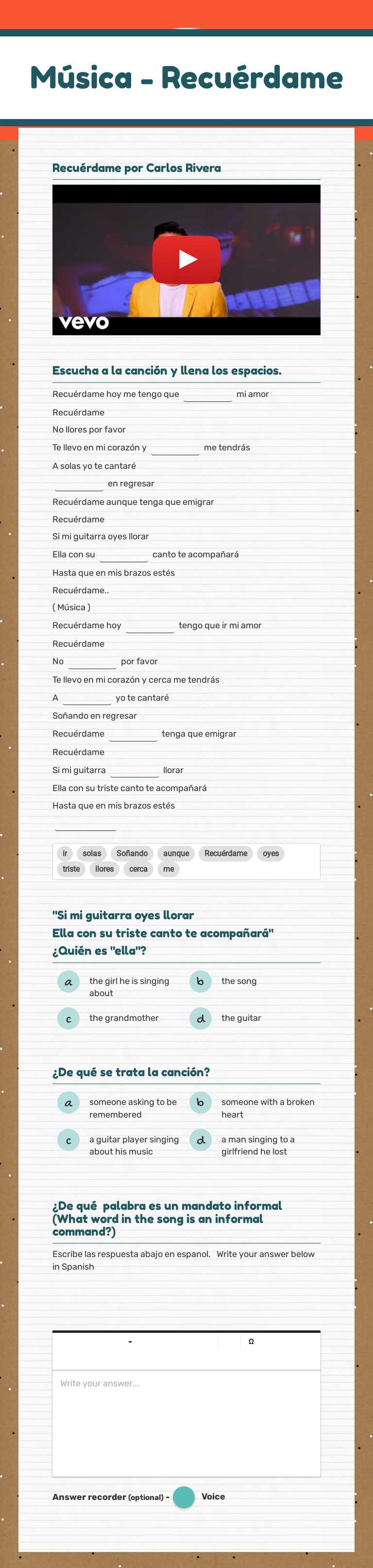 Música - Recuérdame Grade 10 worksheet preview