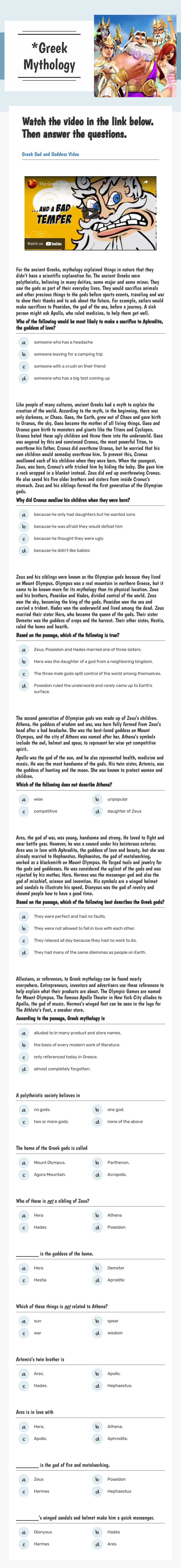 *Greek Mythology worksheet preview image