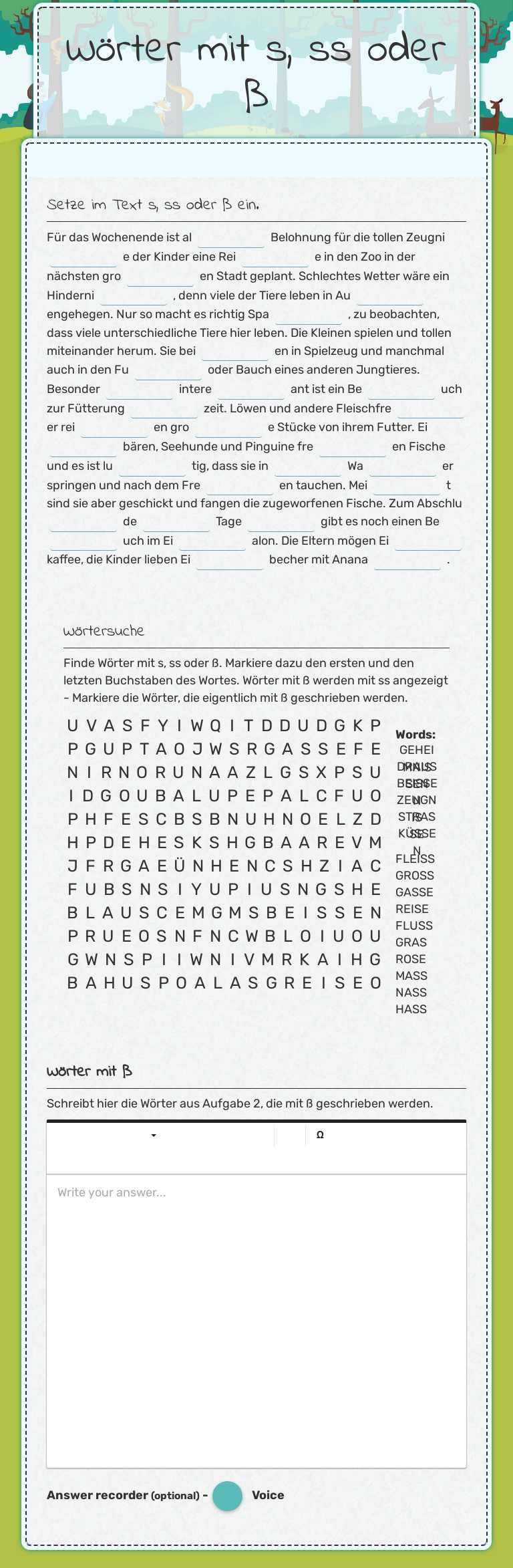 Wörter mit s, ss oder ß worksheet preview image