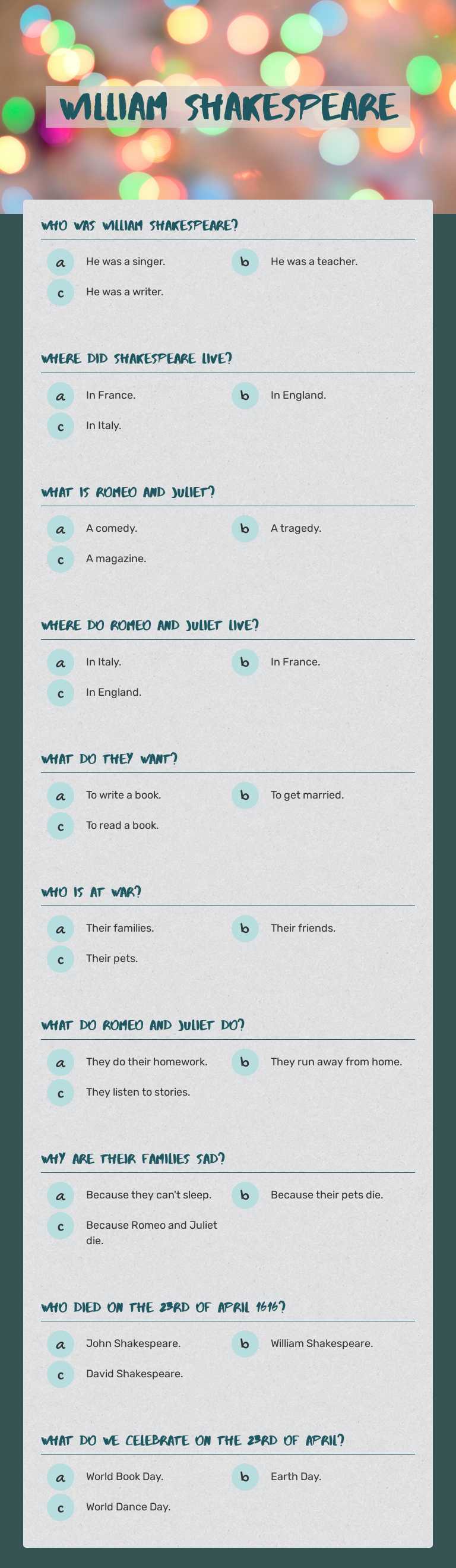william Shakespeare Grade 6 worksheet preview
