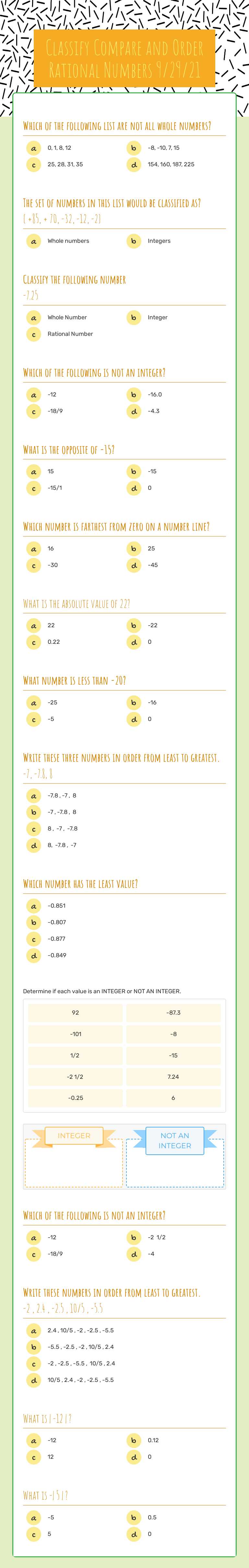 Classify Compare and Order Rational Numbers 9/29/21 Grade 6 worksheet preview