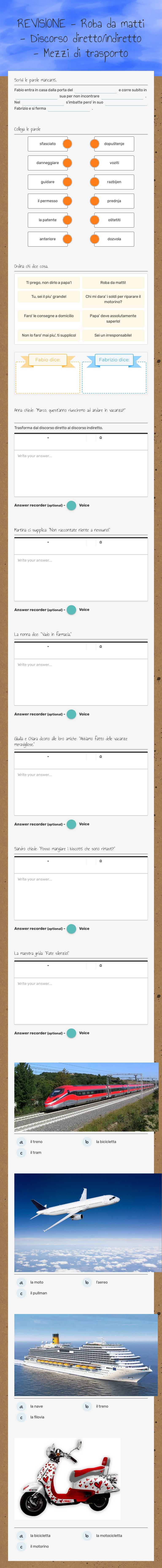 REVISIONE                 - Roba da matti             - Discorso diretto/indiretto    - Mezzi di trasporto worksheet preview image