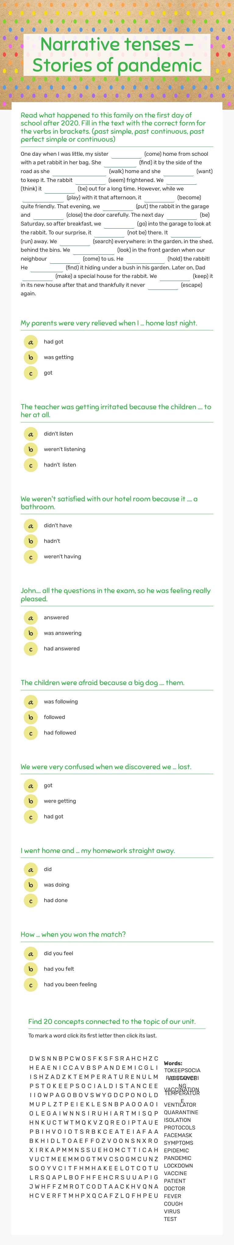 Narrative tenses - Stories of pandemic Grade 7 worksheet preview