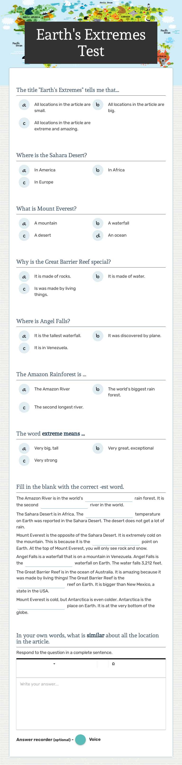 Earth's Extremes Test worksheet preview image