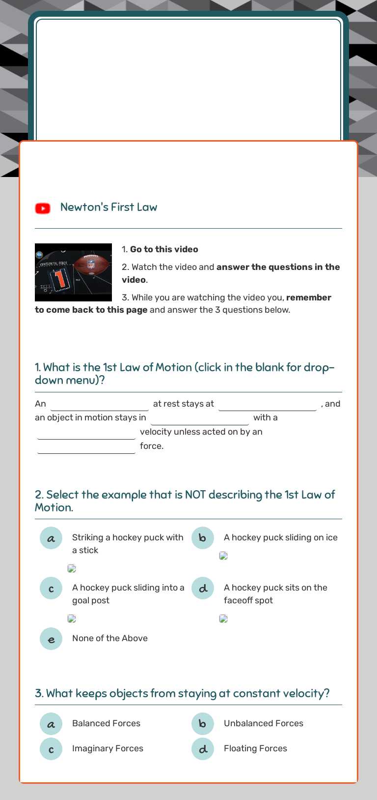 Newton's 1st Law of Motion worksheet preview image