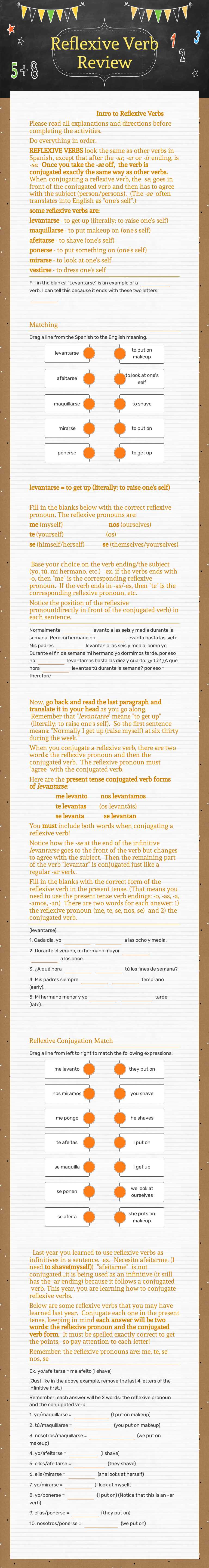 Reflexive Verb Review Grade 8 worksheet preview