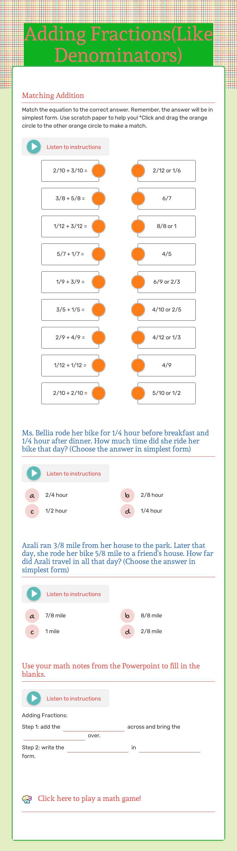 Adding 
Fractions(Like Denominators) worksheet preview image