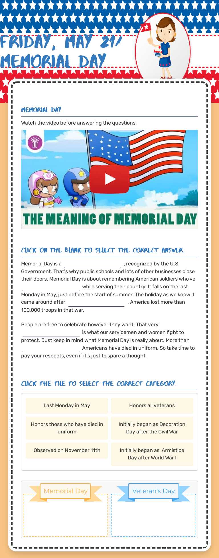 Friday, May 21/ Memorial Day worksheet preview image