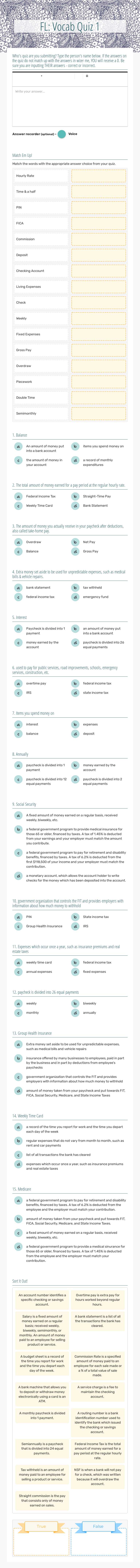 FL: Vocab Quiz 1 worksheet preview image