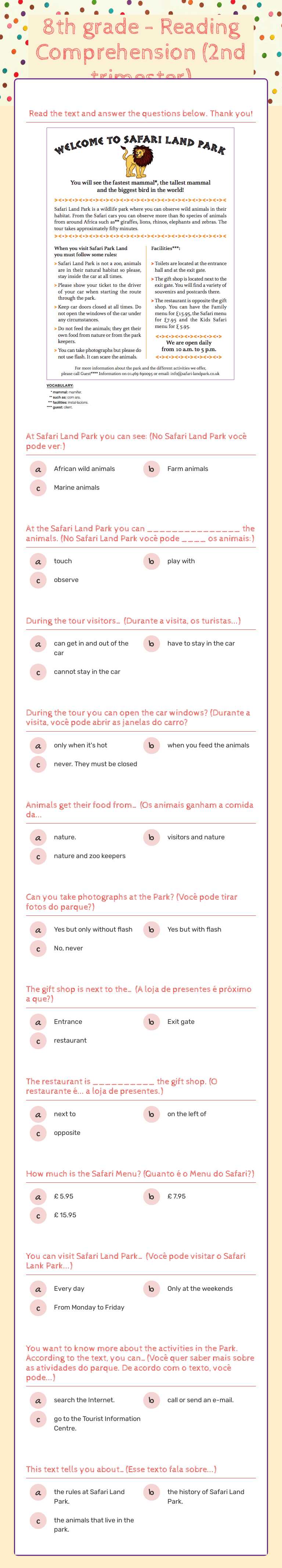 8th grade -  Reading Comprehension (2nd trimester) worksheet preview image