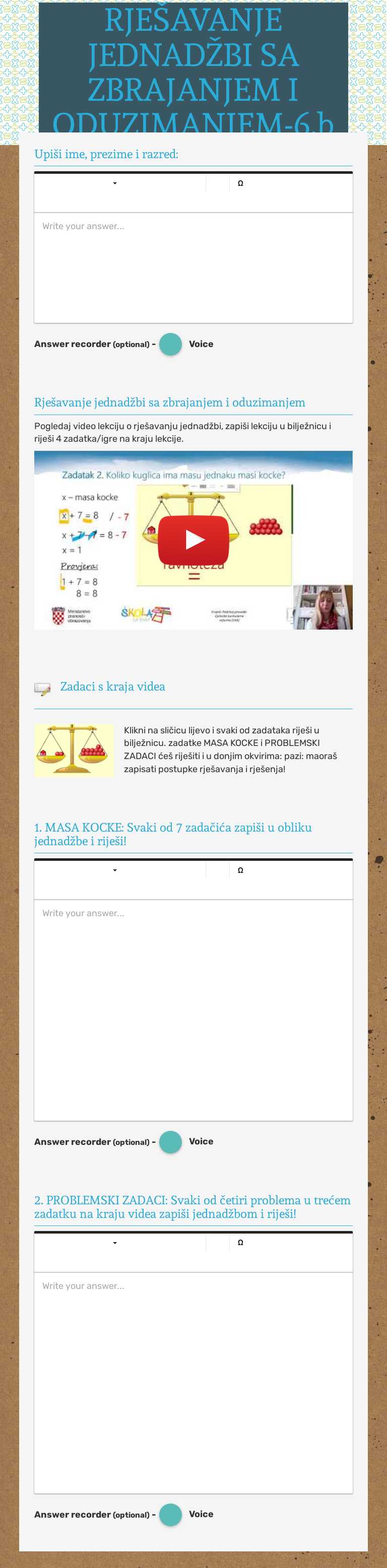 RJEŠAVANJE JEDNADŽBI SA ZBRAJANJEM I ODUZIMANJEM-6.b Grade 6 worksheet preview