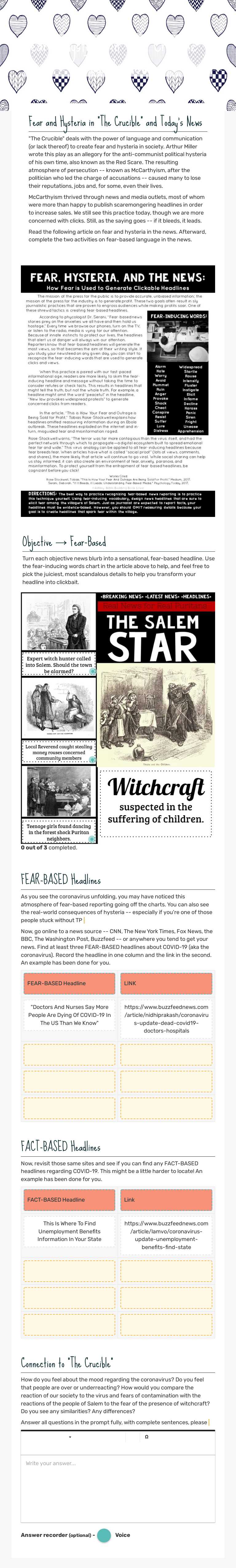 Fear & Hysteria in "The Crucible" & Today's News Grade 10 worksheet preview