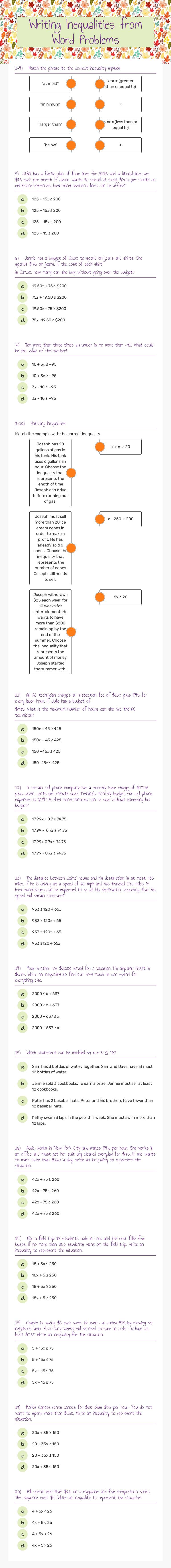 Writing Inequalities from Word Problems worksheet preview image