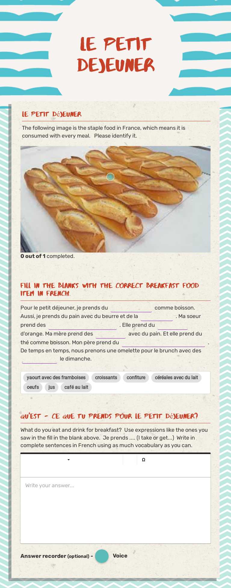 Le Petit Dejeuner Grade 9 worksheet preview