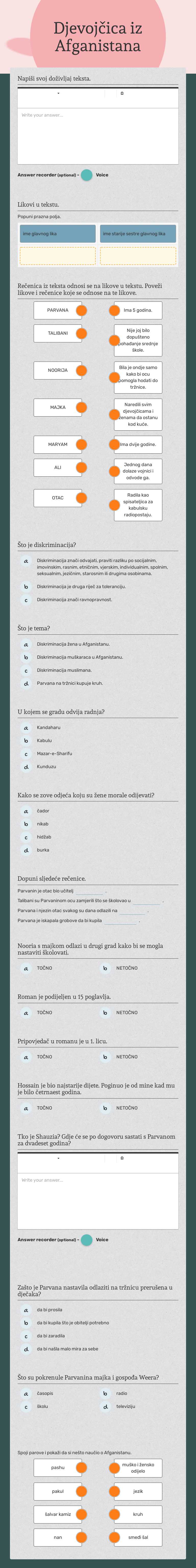 Djevojčica iz Afganistana Grade 7 worksheet preview