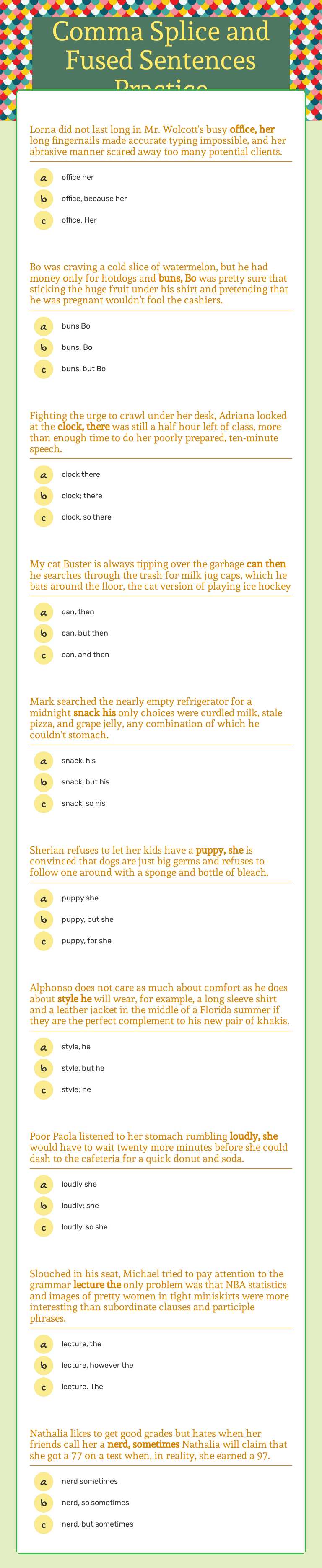 Comma Splice and Fused Sentences Practice worksheet preview
