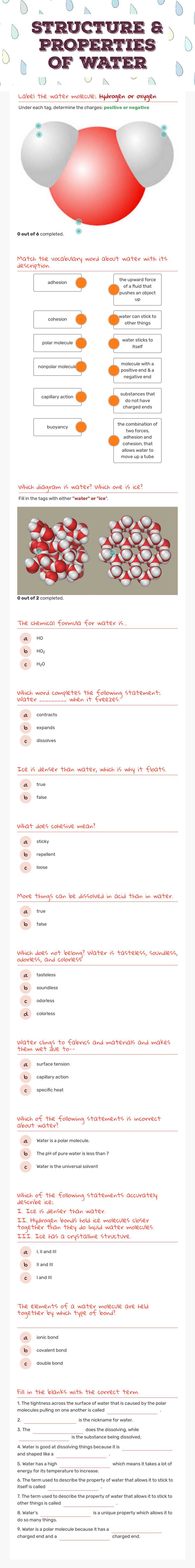 STRUCTURE & PROPERTIES OF WATER worksheet preview image