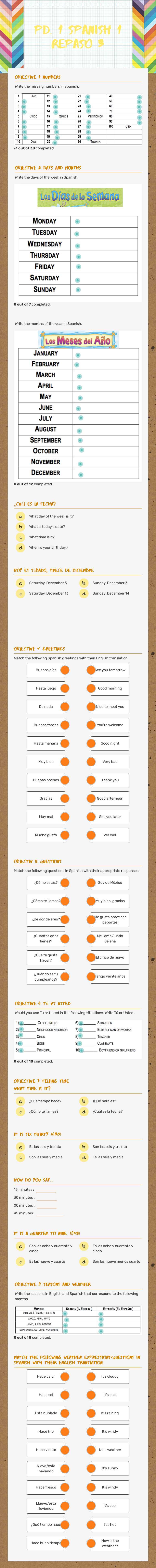 Pd. 1 Spanish 1 Repaso 3 Grade 7 worksheet preview