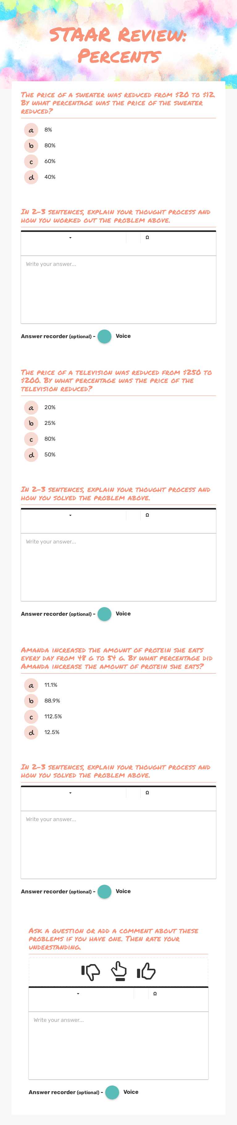 STAAR Review:    
Percents worksheet preview image