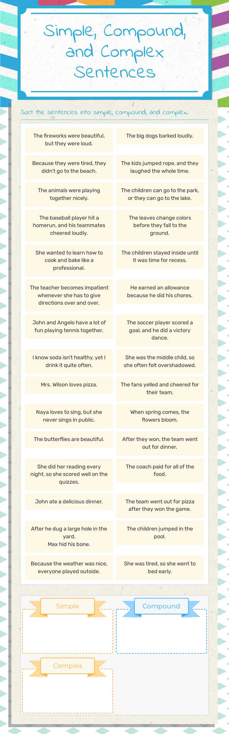 Simple, Compound, and Complex Sentences worksheet preview image