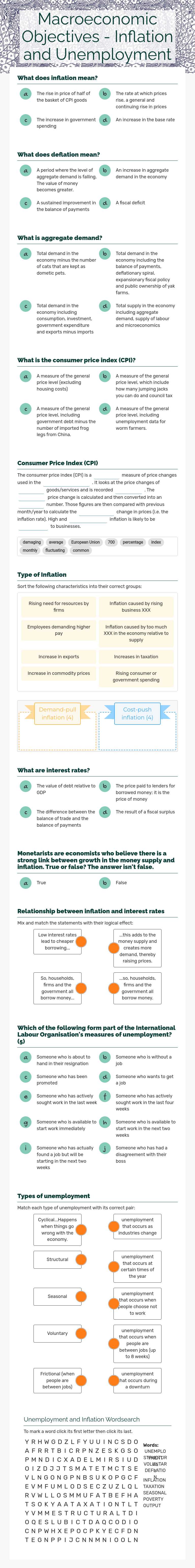 Macroeconomic Objectives - Inflation and Unemployment worksheet preview image