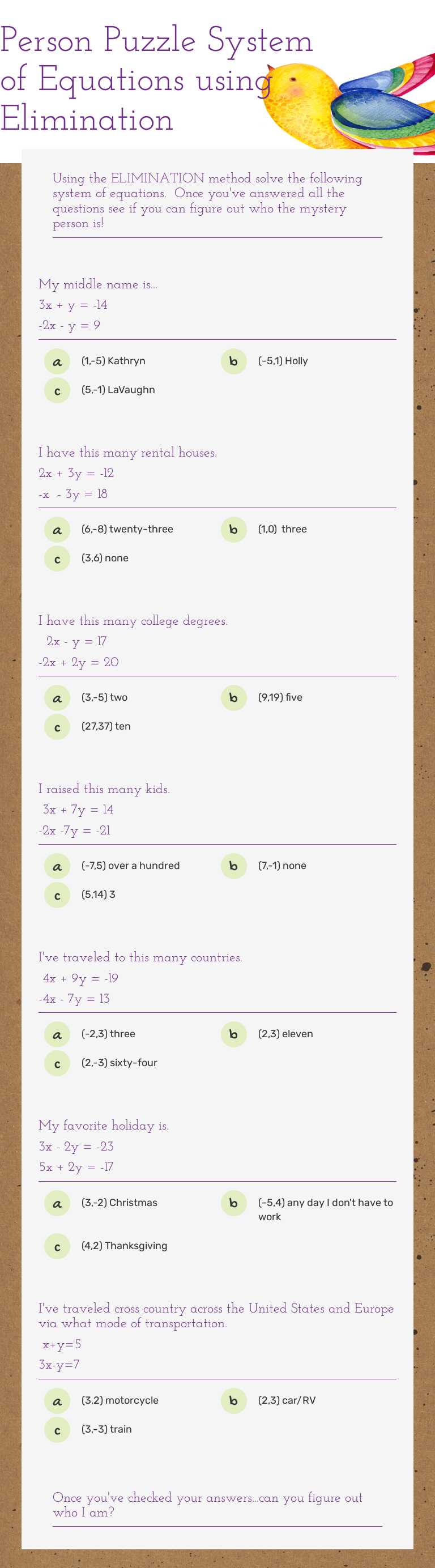 Person Puzzle System of Equations using Elimination worksheet preview image