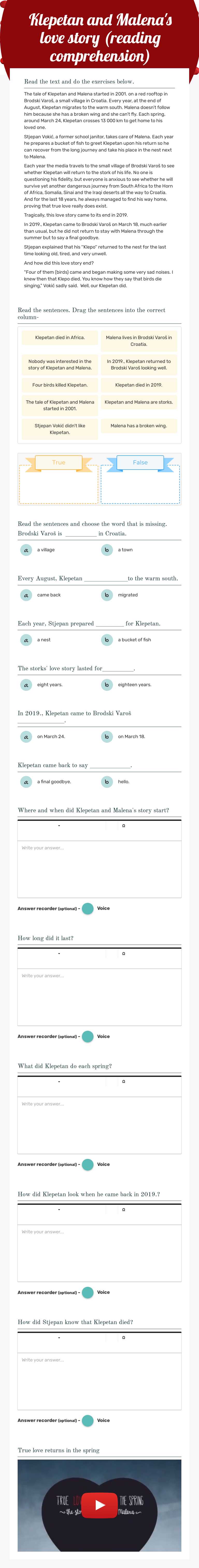 Klepetan and Malena's love story (reading comprehension) worksheet preview image