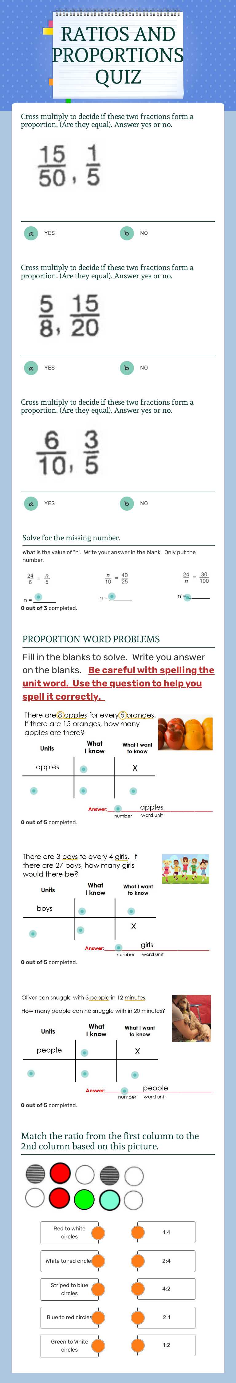 RATIOS AND PROPORTIONS QUIZ worksheet preview image