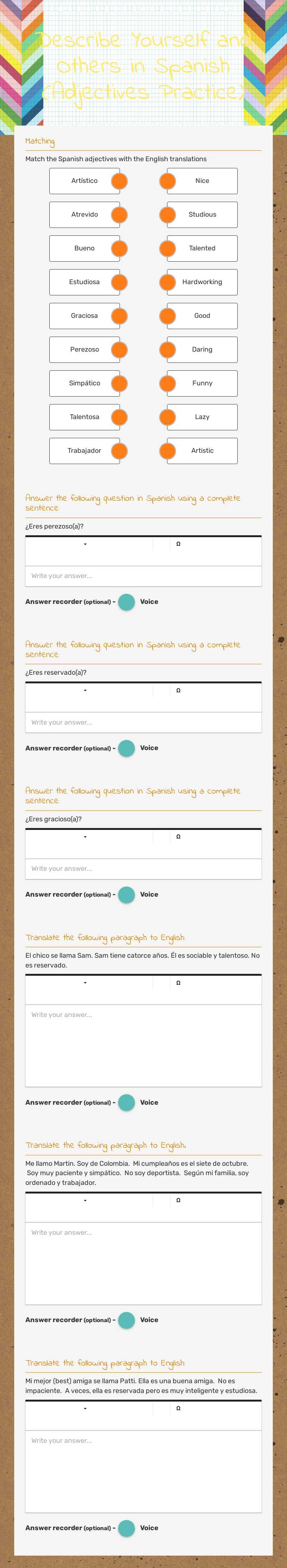 Describe Yourself and Others in Spanish (Adjectives Practice) worksheet preview image