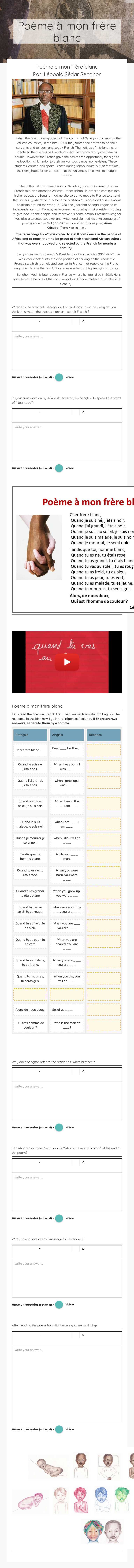 Poème à mon frère blanc worksheet preview image