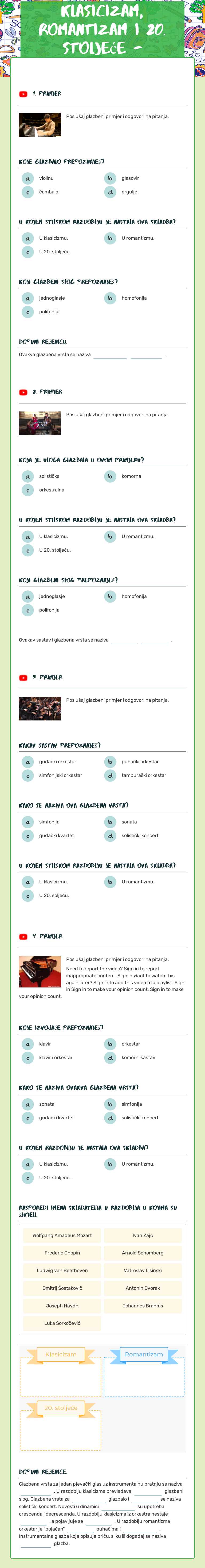 Klasicizam, romantizam i 20. stoljeće - ponavljanje worksheet preview image