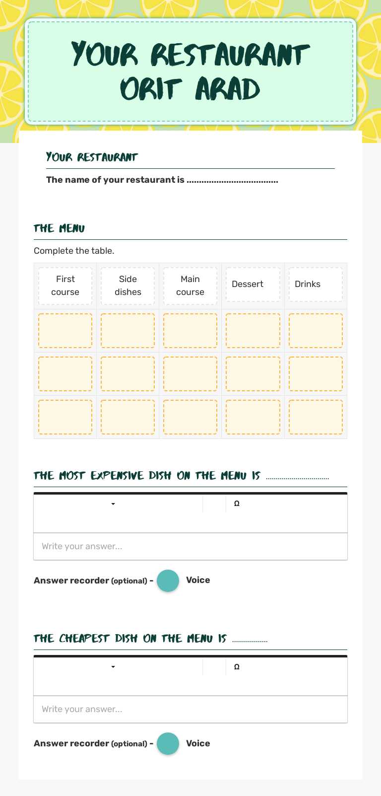 Your restaurant
Orit Arad worksheet preview image