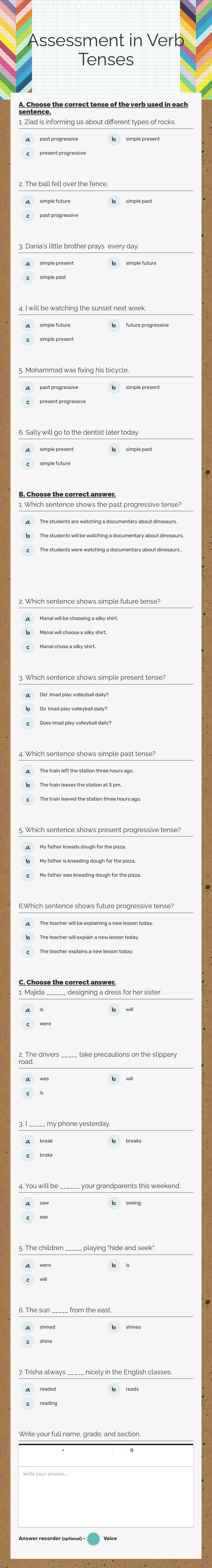 Assessment in Verb Tenses worksheet preview image