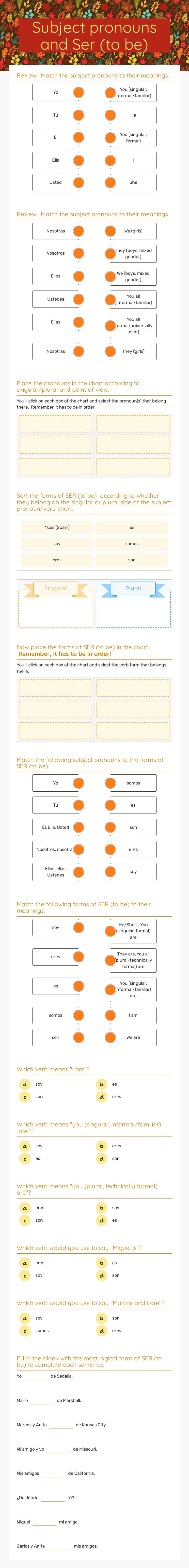Subject pronouns and Ser (to be) worksheet preview image