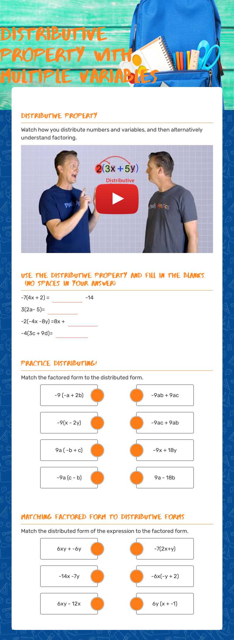 Distributive Property with Multiple Variables worksheet preview image