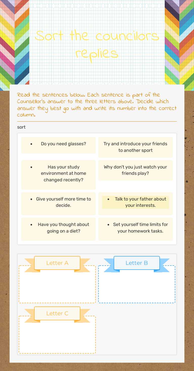 Sort the councilors replies worksheet preview image