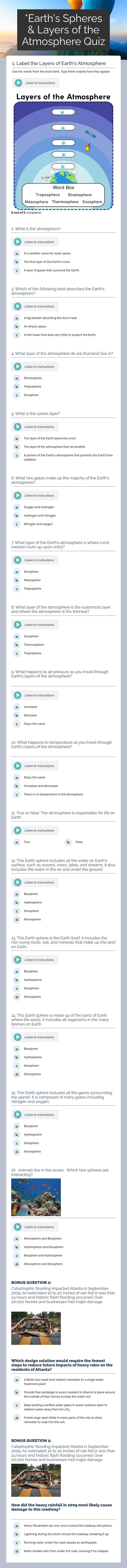Earth's Spheres & Layers of the Atmosphere Quiz (final) worksheet preview image