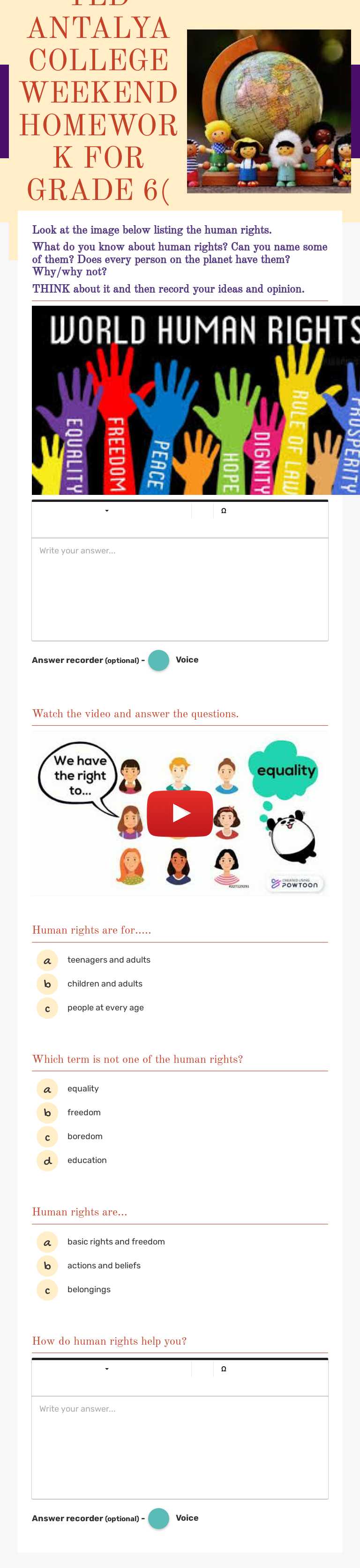 TED ANTALYA COLLEGE WEEKEND HOMEWORK FOR GRADE 6( 10th Dec.) worksheet preview image