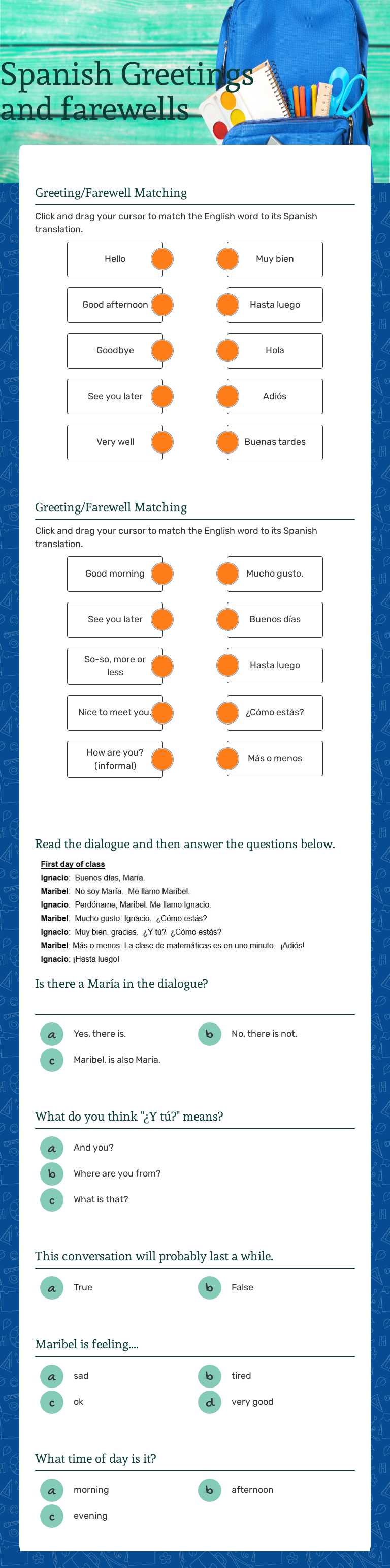 Spanish Greetings and farewells worksheet preview image
